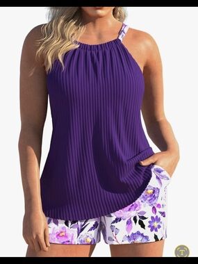 Modlily Ruched Round Neck Tankini Swimsuit with Pocket Shorts #1443
